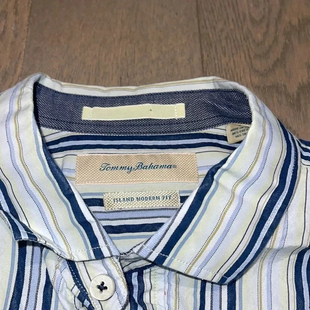 Tommy Bahama Men Size L White Blue Stripe Cotton Silk Shirt - Picture 3 of 10